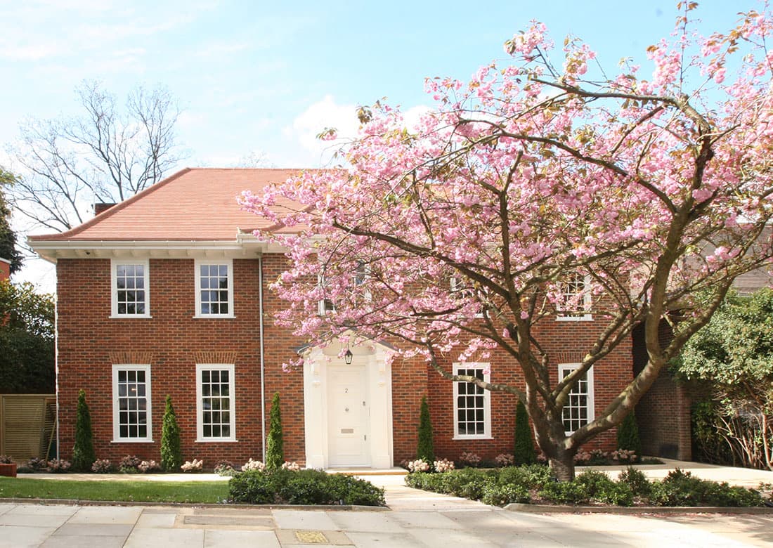 The red-brick house at Elm Walk beneath a cherry blossom tree